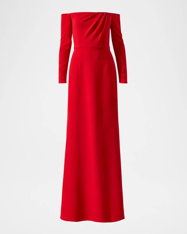 Draped Long-Sleeve Off-The-Shoulder Trumpet Gown